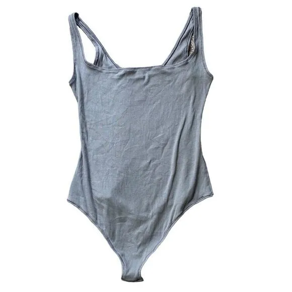 Skims Women's XL Square Neck Cotton‎ Rib Bodysuit Pacific Gray Snap Close New - Image 2