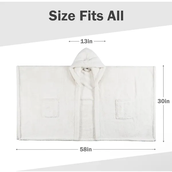 Catalonia Sherpa Fleece Hooded‎ Poncho Wrap Cream White Wearable Blanket Pockets - Image 6