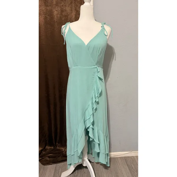 Maxi Wrap Dress Size L Mint Green Ruffle High-Low Cottagecore Coastal Romantic - Image 2