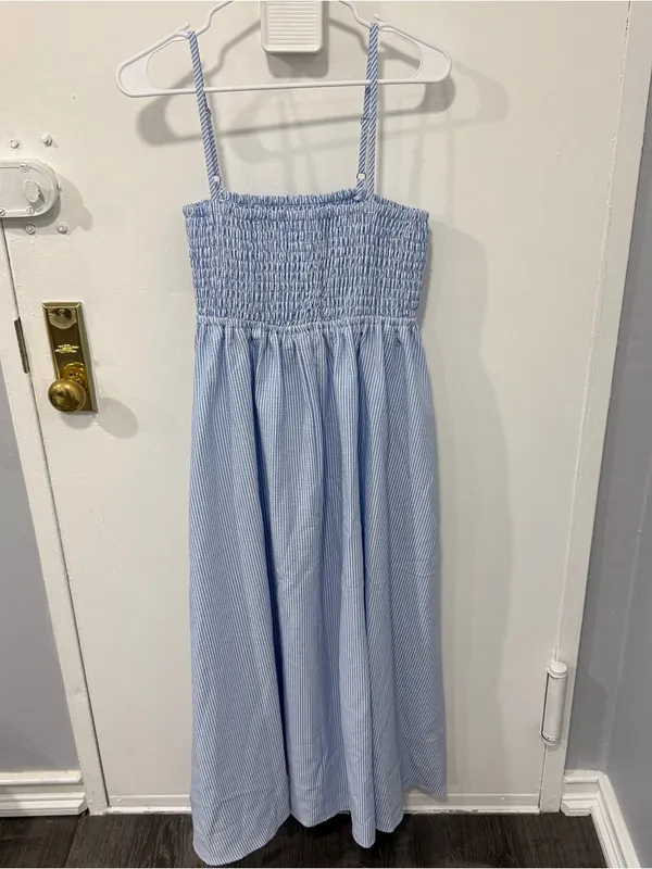 NWOT Halara Blue and White Shirred Stripe Midi Slip Dress - Image 5
