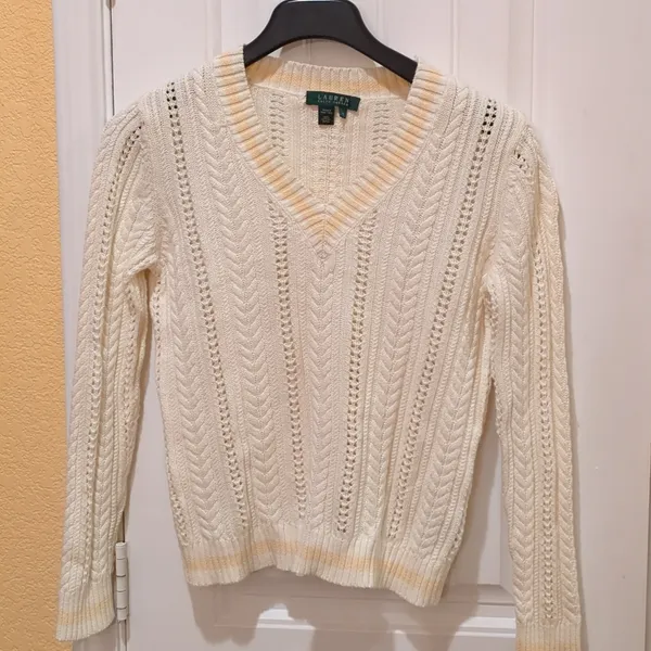 Lauren Ralph Lauren v-neck cable knit M cream, peach large, 100% cotton - Image 3