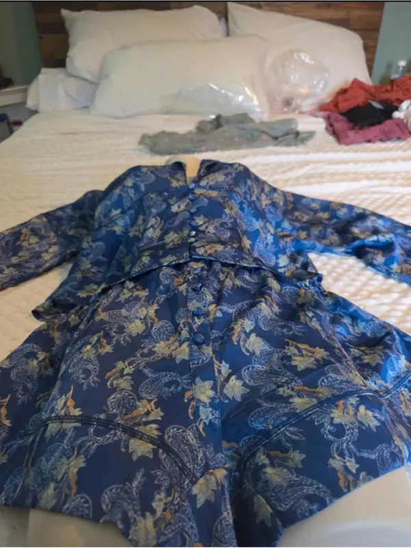 Anthropology Blue Floral Satin Long-Sleeve Jacket - Image 2