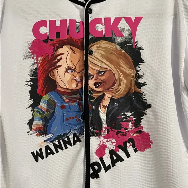 Universal Studios Chucky and Tiffany “Wanna Play?” Crop Baseball Jersey Medium - Image 2