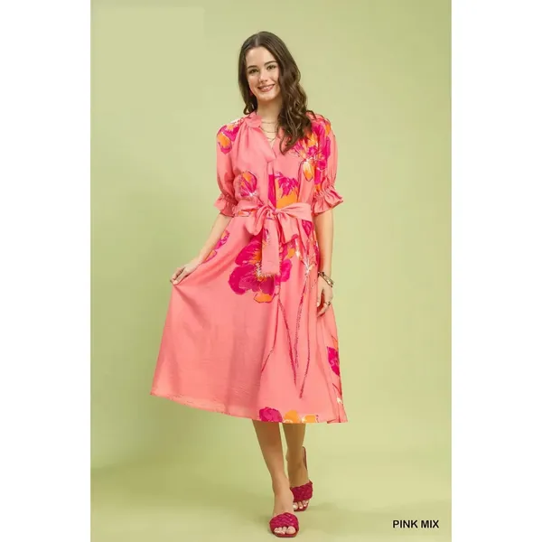 Umgee Floral‎ Flounce Sleeve Midi Dress with Belted - Pink Mix - Large - Image 2