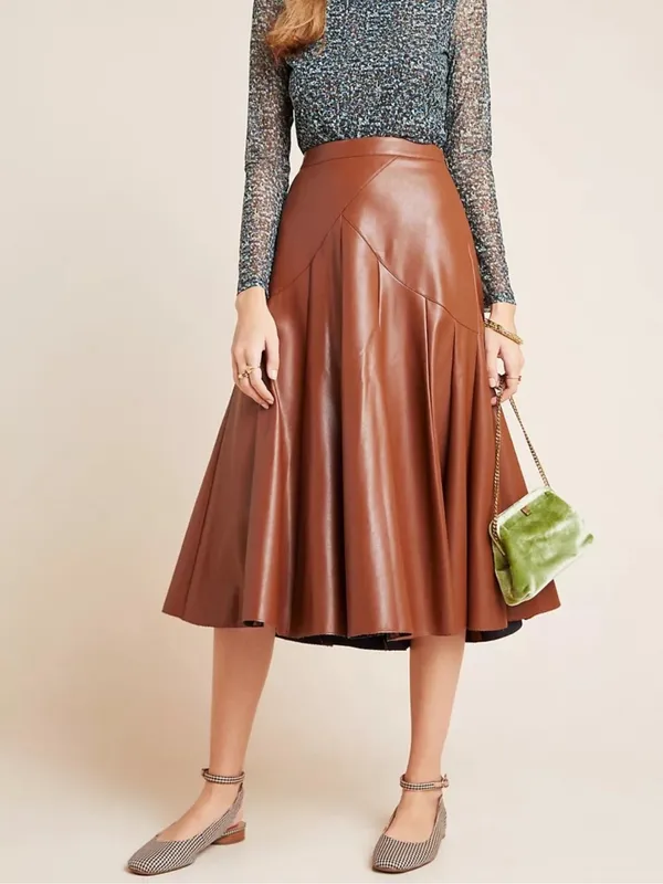 Anthropologie Maeve Mariska Brown Faux Leather Midi Skirt Size 2 A Line NWT - Image 3