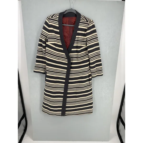 Domani Knits Womens Long Coat Striped Knit Button Front Gray Cream Large - Image 2