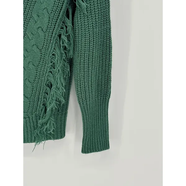 Alison Andrews Sage Green Fringe Cable Knit Sweater Medium Boho Chunky Pullover - Image 5
