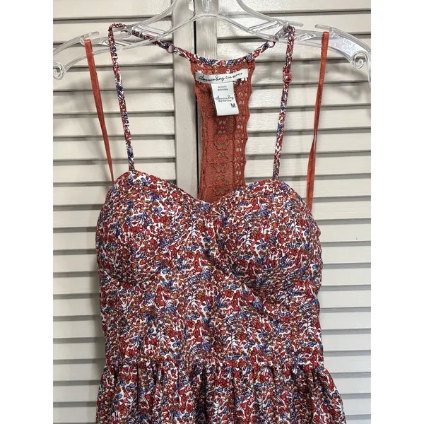 American Rag Floral Adj Straps Mini Sundress Size M Halter Crochet Molded Cups - Image 2