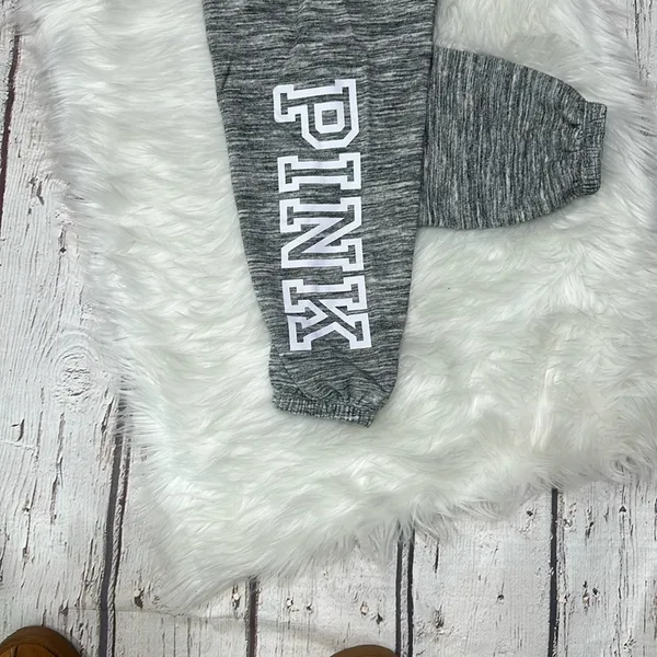 PINK Victoria's Secret Gray Joggers With White Pink Lettering - Image 3