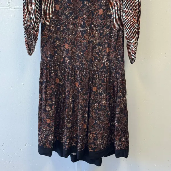 Warm NY Mixed Print Silk Viscose Midi Dress Brown Floral Stripe Size 0 Boho Fall - Image 4