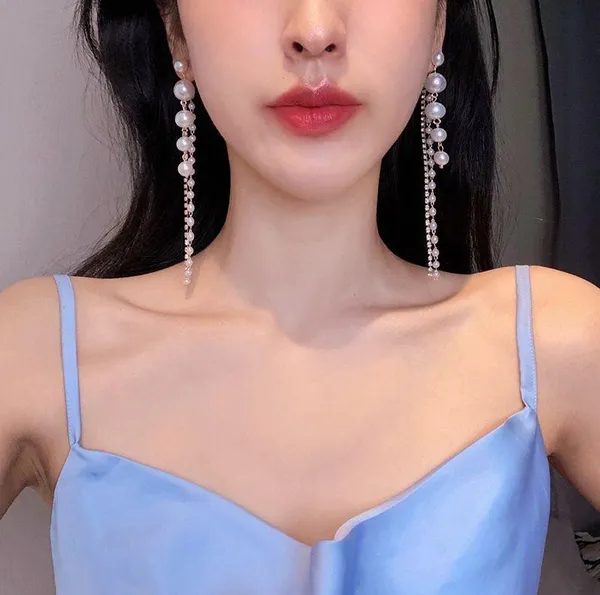 Elegant White Pearl Long Dangle Drop Earrings for Women - Image 4