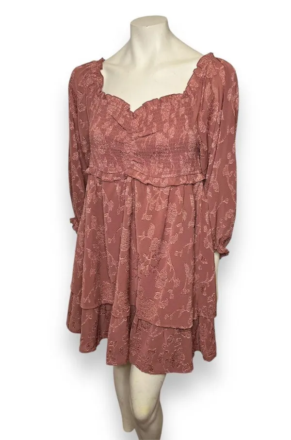 Pink Lily | Textured Floral Long Sleeve Cinched Bust Smocked Mini Tiered Dress L - Image 19