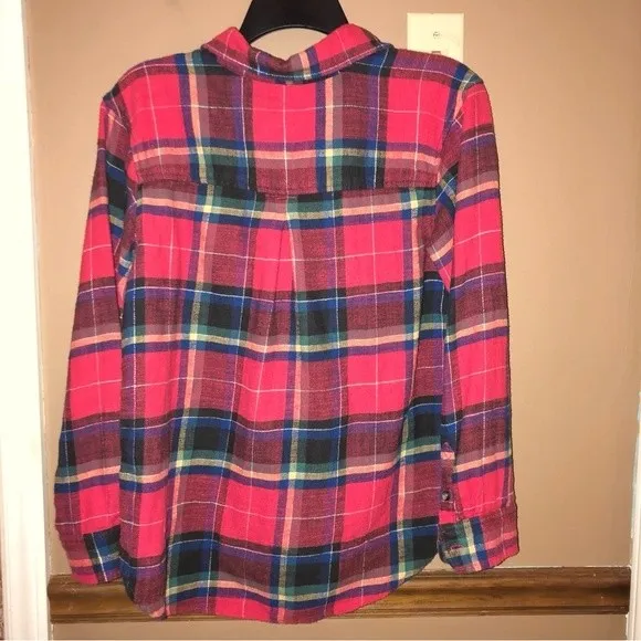American Eagle Plaid Button Up Boyfriend Flannel Red‎ Green XS - Image 4