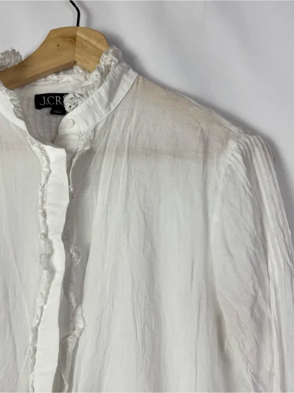 J. Crew White Lace Trim Cinch Waist Cotton Voile Long Sleeve Top S - Image 4
