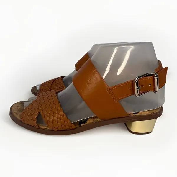 Sam Edelman‎ Teena 2 Sandals 7M Tan Woven Strap Cork Footbed Gold Heel - Image 2