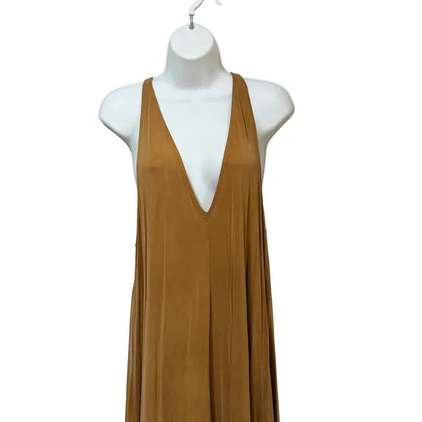 34°N 118°W Womens Camel Brown Deep V-Neck Handkerchief Hem Maxi Dress Size S - Image 3
