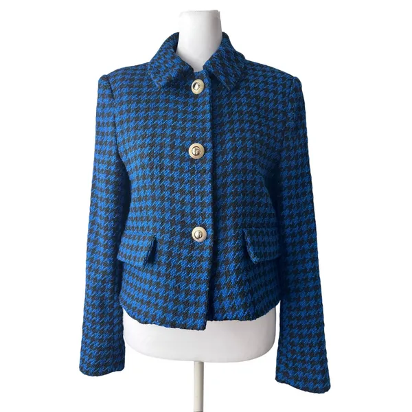 Zara Royal Blue & Black Houndstooth Collared Cropped Jacket w/ Gold Buttons - Image 2