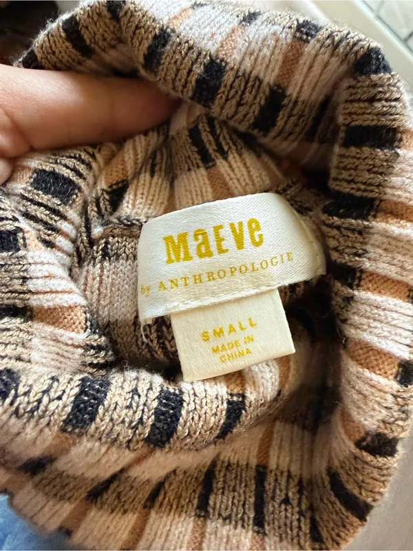 Maeve Cream and Brown Checked Ribbed Turtleneck - Image 4
