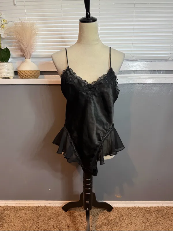 Black Satin Lace-Trim Camisole Slip with Sheer Ruffle Hem - Image 2