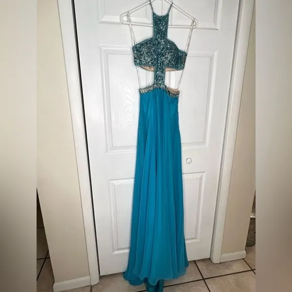 Angela‎ & Alison teal blue beaded prom wedding ball evening gown size 0 Pageant - Image 3