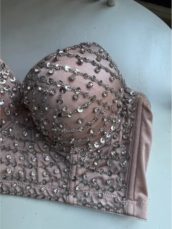 Pink Longline Bra with Silver Sequin Embellishments - Image 3