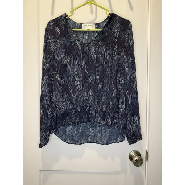 Cloth & Stone Anthropologie Dotted Herringbone Blouse Navy Blue V Neck Rayon S - Image 3