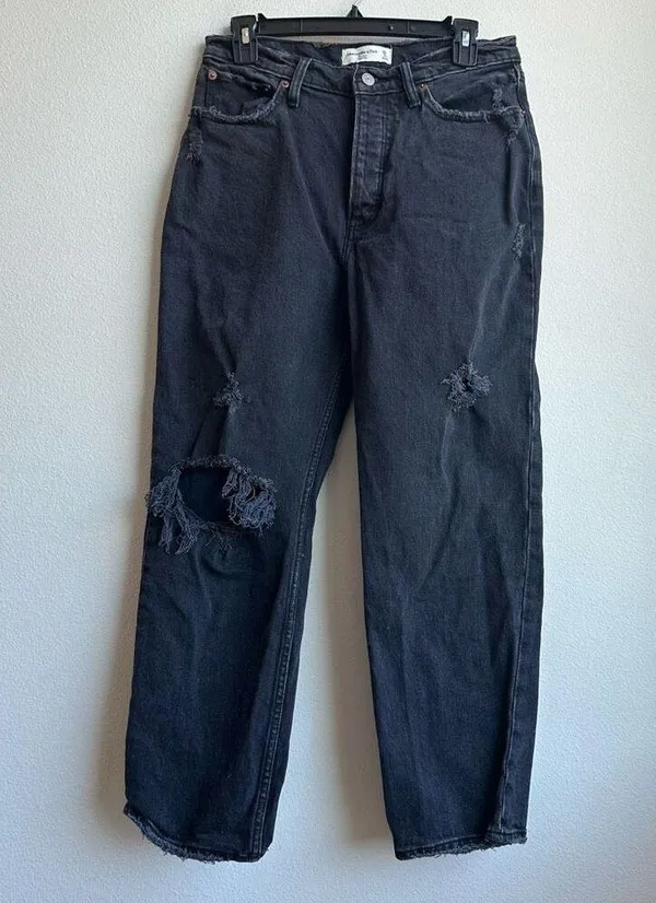 Abercrombie & Fitch The Dad High Rise Straight Black Button Fly Jeans Size 28/6 - Image 2