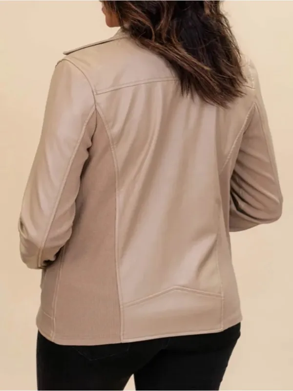 Women’s Beige Faux Leather Moto Jacket - Image 2