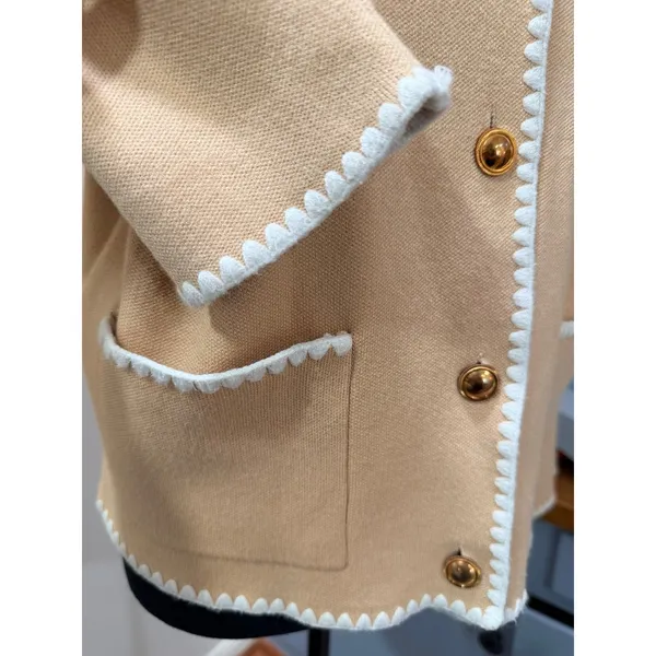 Camel Beige Collarless Knit Cardigan Jacket White Blanket Stitch Gold Buttons M - Image 3