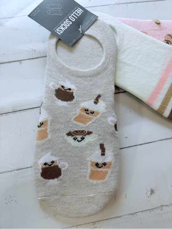 Hello Socks! Set of 3 Liners Coffee,Croissants Stripes NWT - Image 2