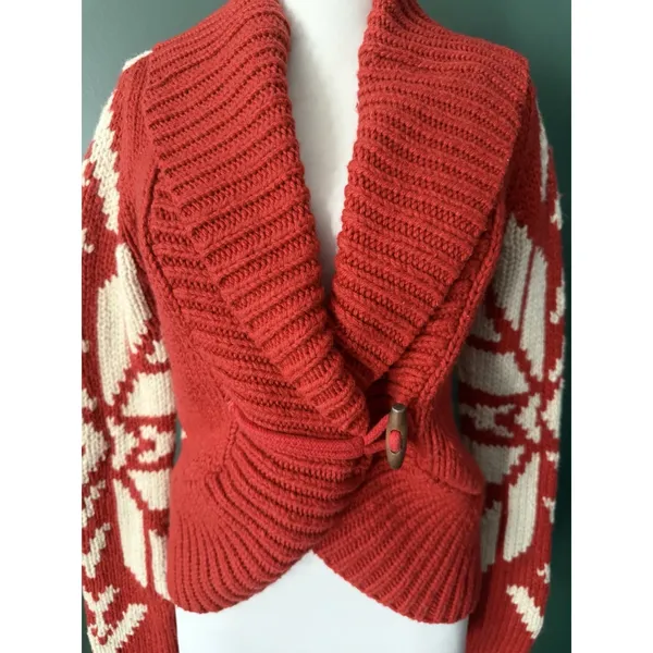 American Eagle Y2K Cardigan Womens Size M Red Snowflake Fair Isle Chunky Knit - Image 5