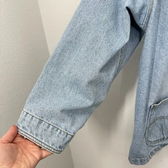 Vintage 90s Women's Size XL‎ Denim Trench Chore Coat Light Wash Contrast Collar - Image 6
