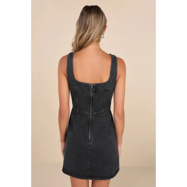 NWT Lulus So Delighted Washed Black Denim Corset Seam Mini Dress LBD Party Sz S - Image 3