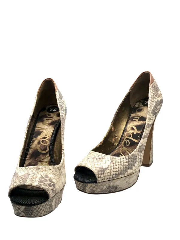 Sam Edelman "Tacoma" Taupe & Brown Leather Snakeskin Print Peep-Toe Heels - Image 4