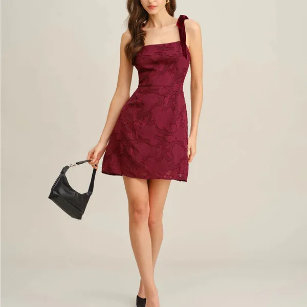 Rihoas Wine Red Floral Tie Strap Mini Dress - Image 4