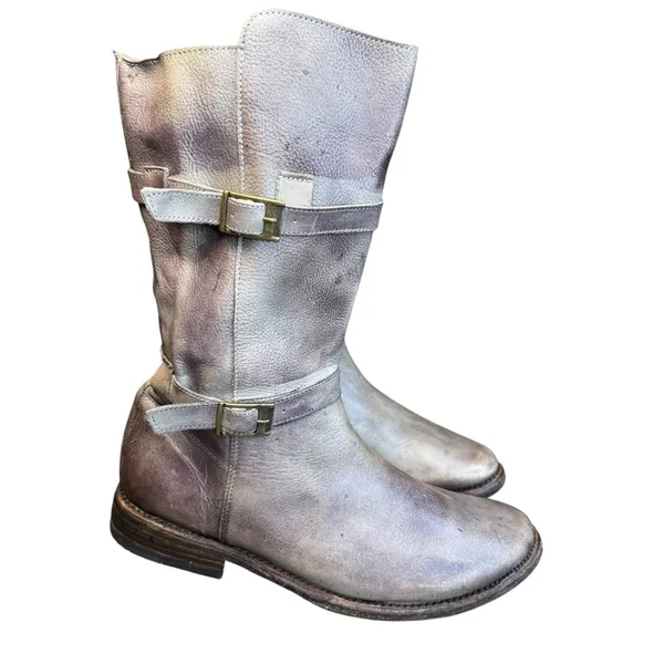 💜 Bed|Stu Gray-Purple Distressed Leather Moto Boots 👢 Women’s Buckle Mid-Calf 💜 - Image 3