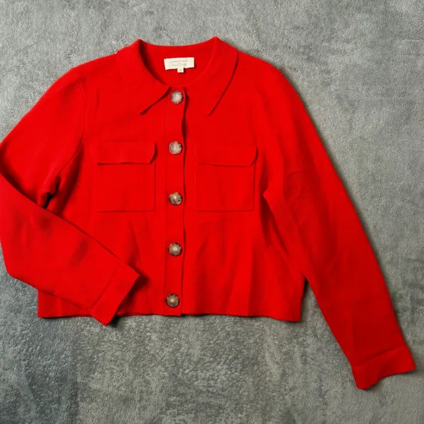 Sezane Betty Cardigan Merino Wool Knit Sweater Womens‎ M Red Button Preppy Crop - Image 3