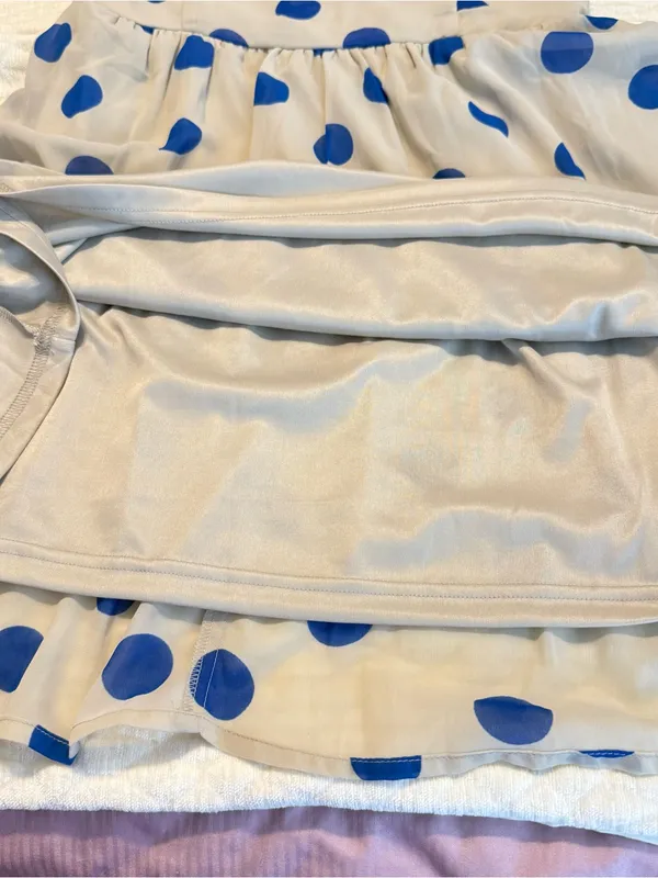 Lottie & Holly Polka Dot Fit & Flare Dress Size 8 Beige Blue Criss Cross Straps - Image 9