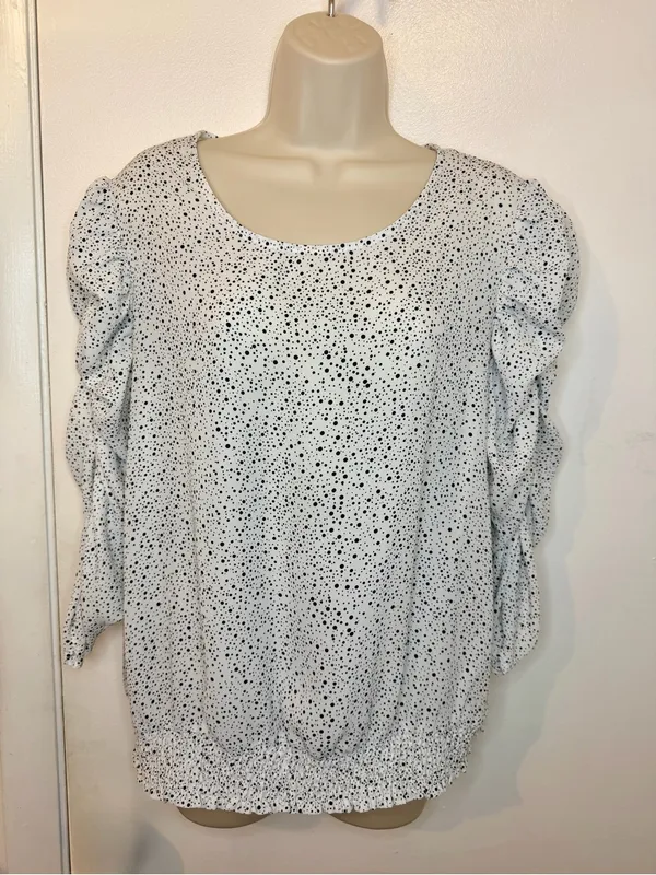 Adrianna Papell Polkadots Print Smocked 3/4 Sleeve Blouse White Black M - Image 2
