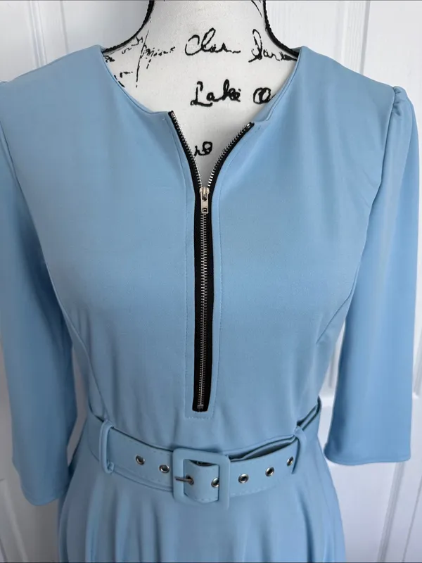 ChicMe Light Blue Belted Midi Dress with Front Zip Detail - Image 10