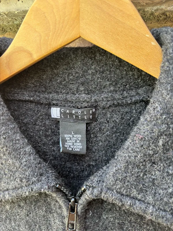 Vintage Carole Little Gray 100% Wool Jacket Full Zip Pockets Long Sleeve Size L - Image 2