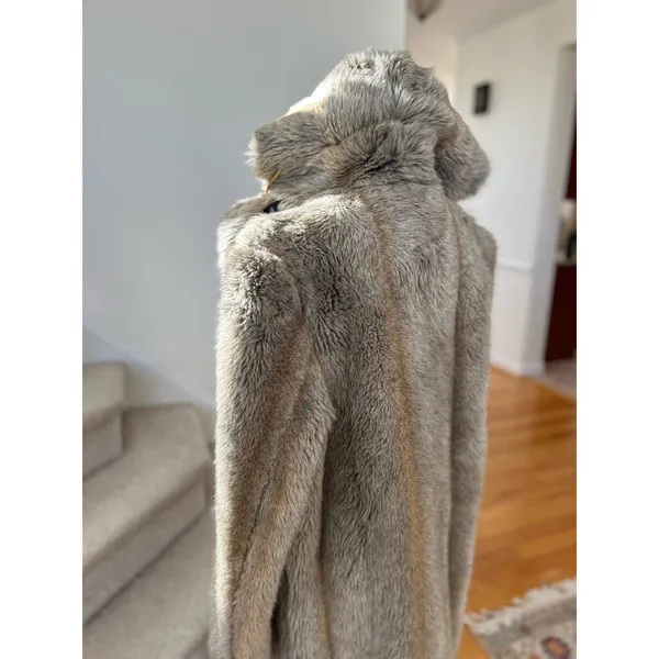 Vintage Faux Fur Taupe Brown Toggle Button Hooded Coat - Image 2