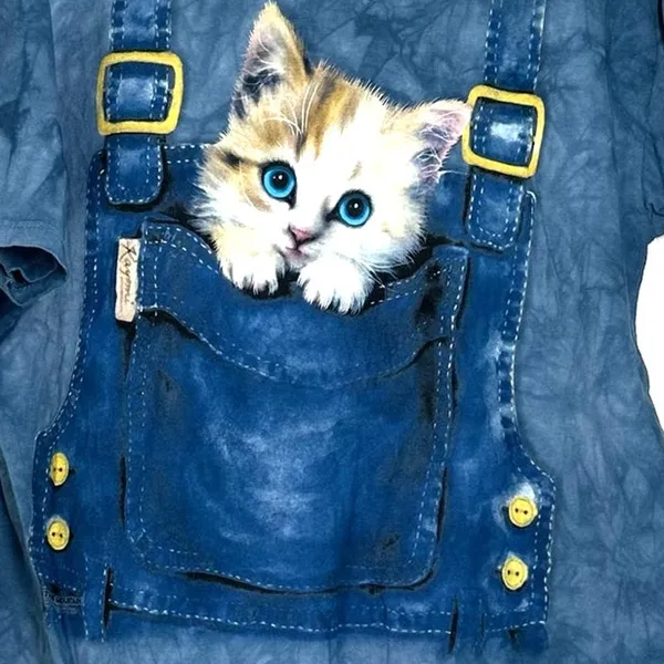 Vintage Y2K 2000's The Mountain XL graphic t-shirt kitten denim overalls pocket - Image 4
