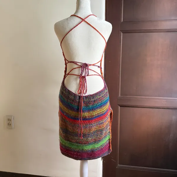 HANDMADE CROCHET Rainbow Stripe Strappy Back Mini Dress Swim Cover up M/L - Image 4