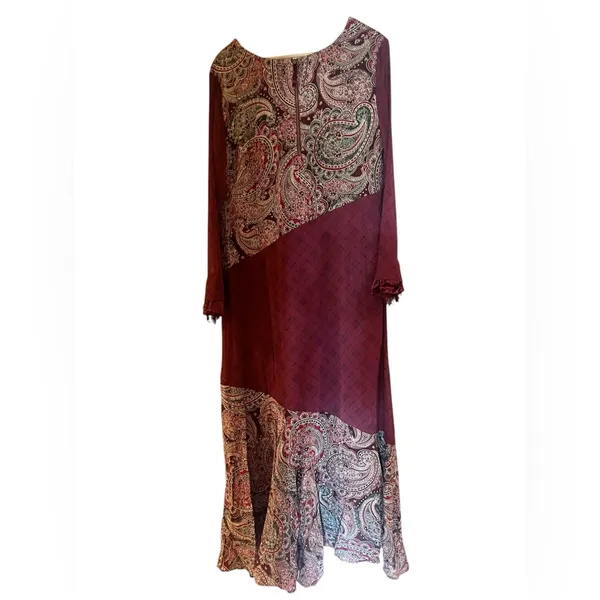 Soft Surroundings Aideen Maroon Mixed Print Long Sleeve‎ Maxi Dress Size Large - Image 2