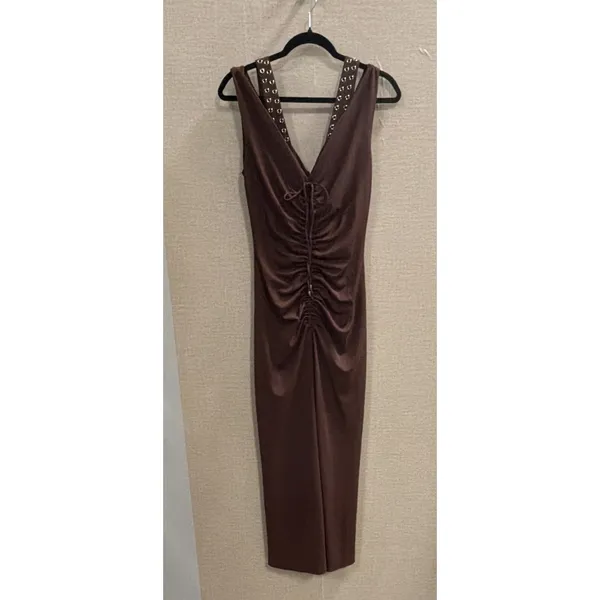 Maeve Sleeveless V-Neck Studded Ruched Brown Midi Sheath Dress Size S - Image 6