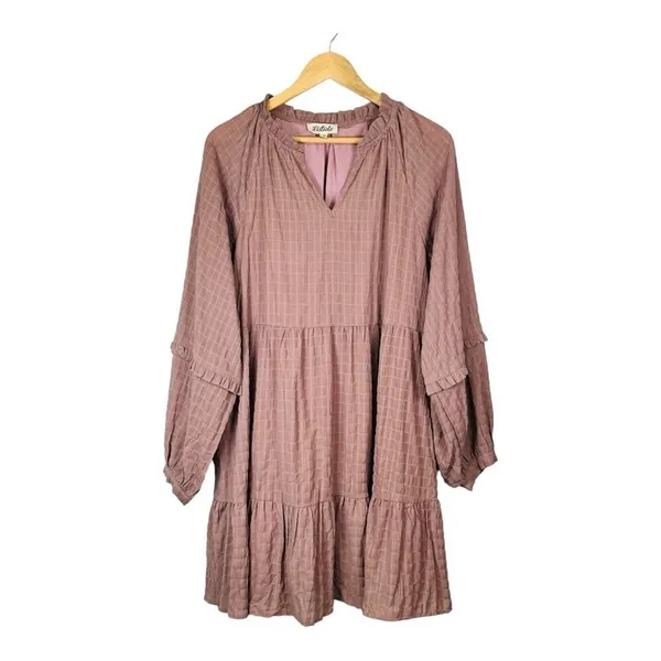 Listicle‎ Tiered Mini Dress Womens Large Dusty Rose Textured Grid Balloon Sleeve - Image 2