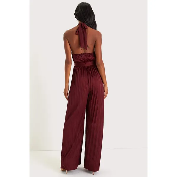 Lulus Confident Impression Burgundy Satin Pleated Halter Jumpsuit Small NWT - Image 3