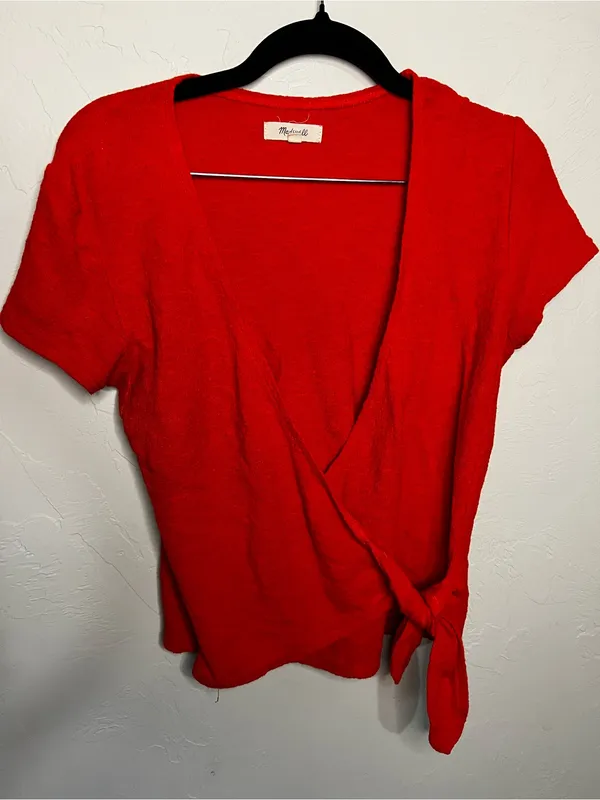 Madewell Poppy Red Textured Faux Wrap Tie V-Neck Short Sleeve Top - Image 2