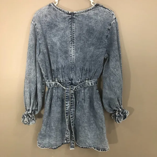 Redial Denim Dress Women Large Blue Good Acid Wash Long Puff Sleeve Mini Belted - Image 6